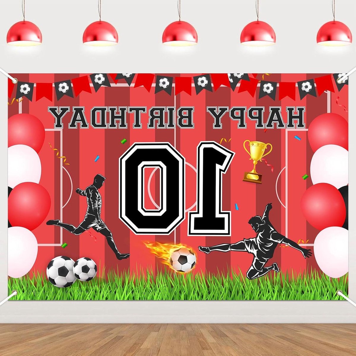   - Feestelijke Voetbal 10e Verjaardag Banner - Rood - 1,5 x 1 meter - Sport Thema Feestdecoratie
