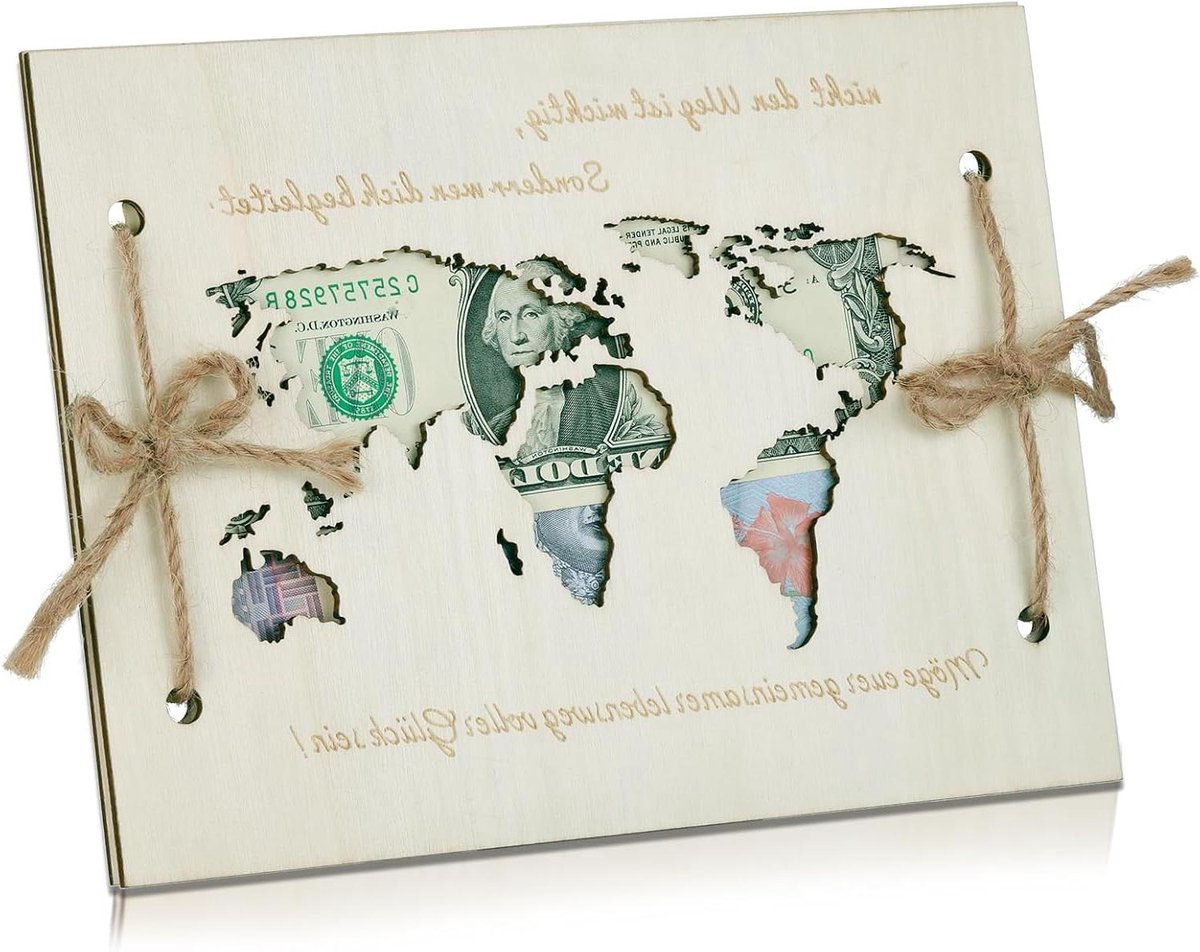   - Gepersonaliseerd geldcadeau voor bruiloft - Houten wereldkaart - Creatieve geldgeschenkverpakking