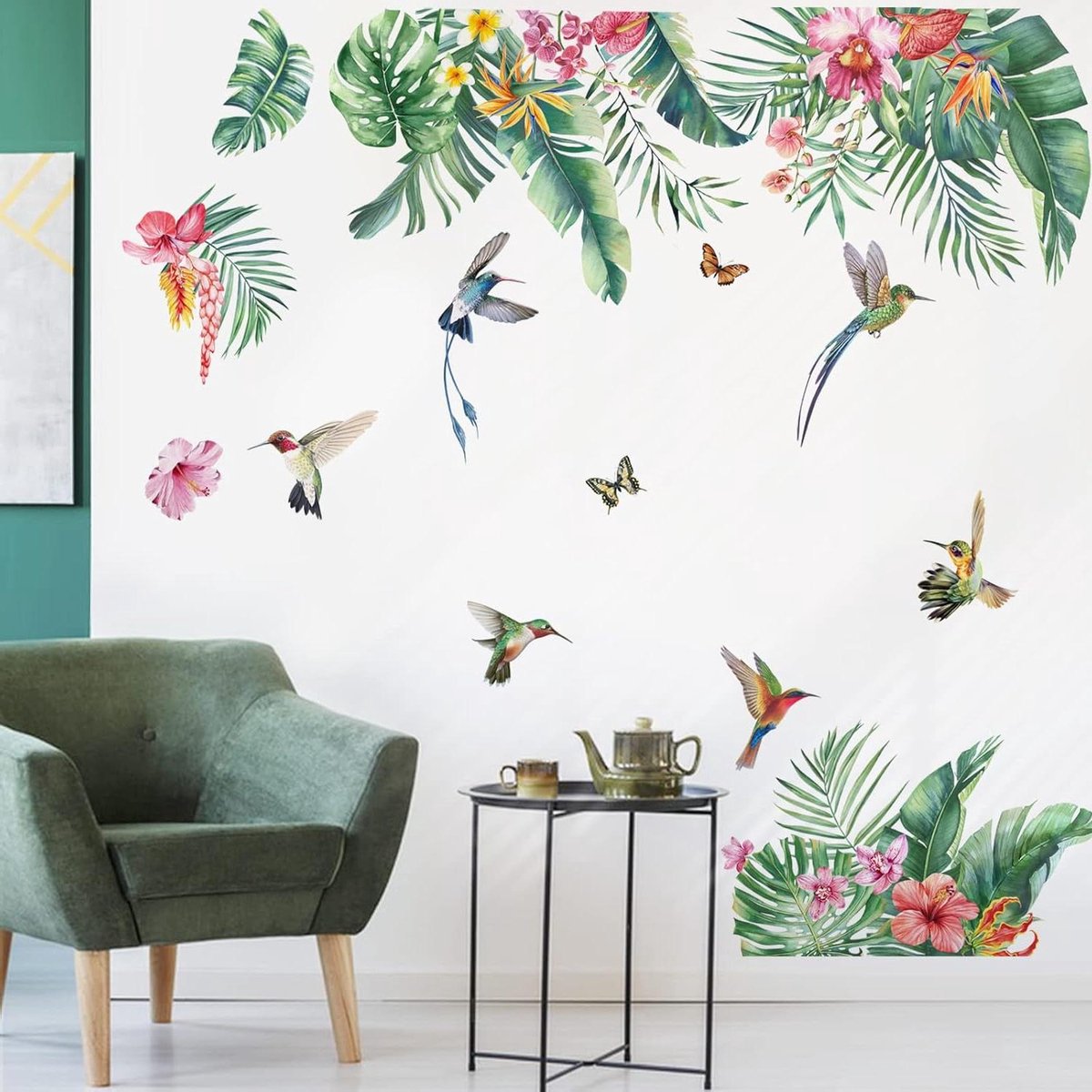 Brenzoos - Groene Tropische Muurstickers met Hibiscusbloem en Palmblad - Meisjeskamer Woonkamer
