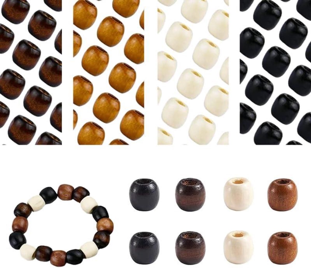   - Houten kralen set van 400 stuks in 4 kleurenOptimaliseer je doe-het-zelf sieraden met deze natuurlijke ovale houten kralen. De set bevat kralen met een groot gat en afstandhouders voor het rijgen van prachtige houten ballen.