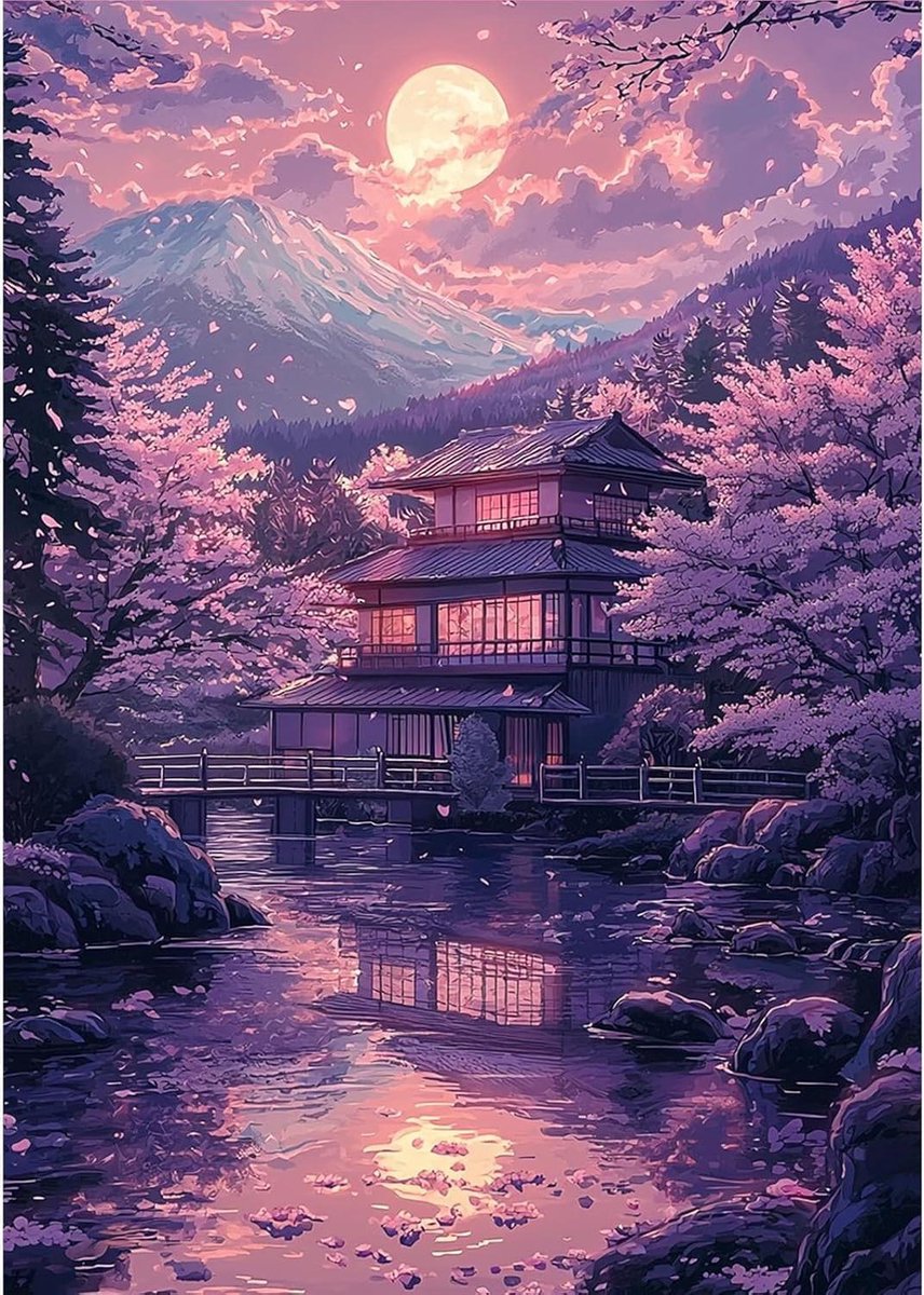 Brenzoos - Kersenbloesem Diamond Art Kit - Zonsondergang Landschap: Diamant Schilderij voor Volwassenen