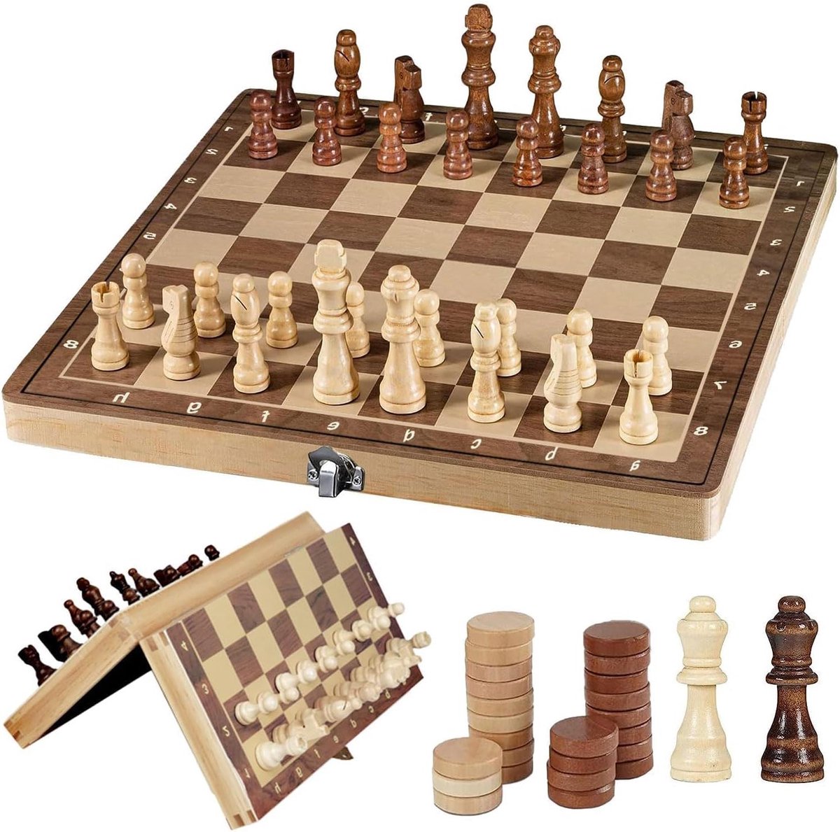 Brenzoos - Magnetisch houten 3-in-1 schaakspel en backgammon draagbaar bord voor familie- en feestactiviteiten. Inklapbaar en hoogwaardig hout.