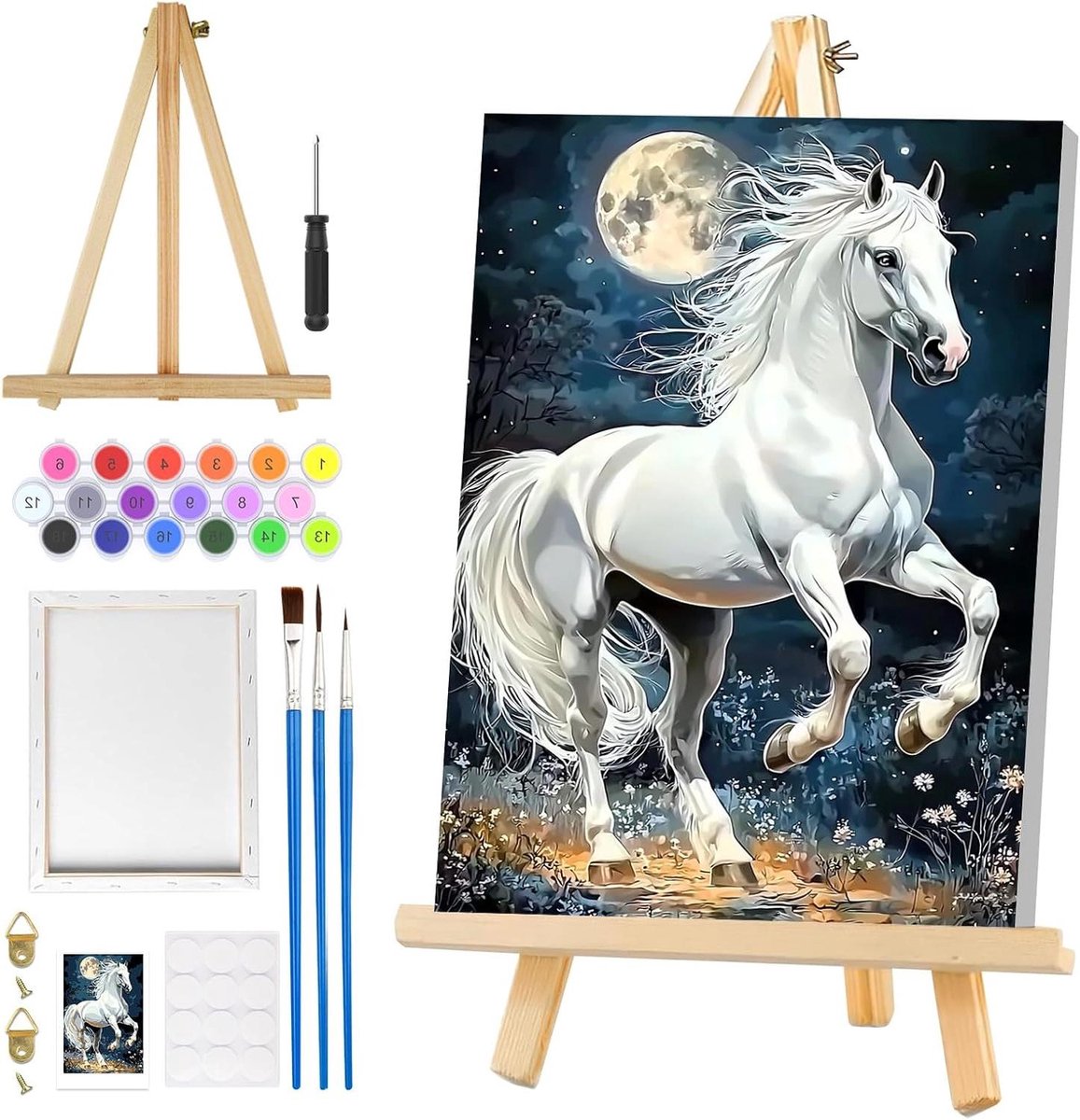  - Paard Schilderen op nummer voor Volwassenen met Lijst - Maanlandschap - Houten Ezel - Doe-het-zelf Olieverfschilderij - Canvasset - Acrylschilderij - Afbeeldingen voor Thuisdecoratie