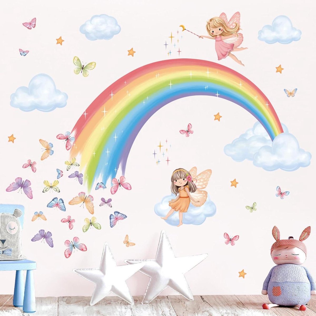Brenzoos - Regenboog Fee Muurstickers voor Babykinderkamer - Vlinder Wolken Sterren Decoratie met Regenboog Thema