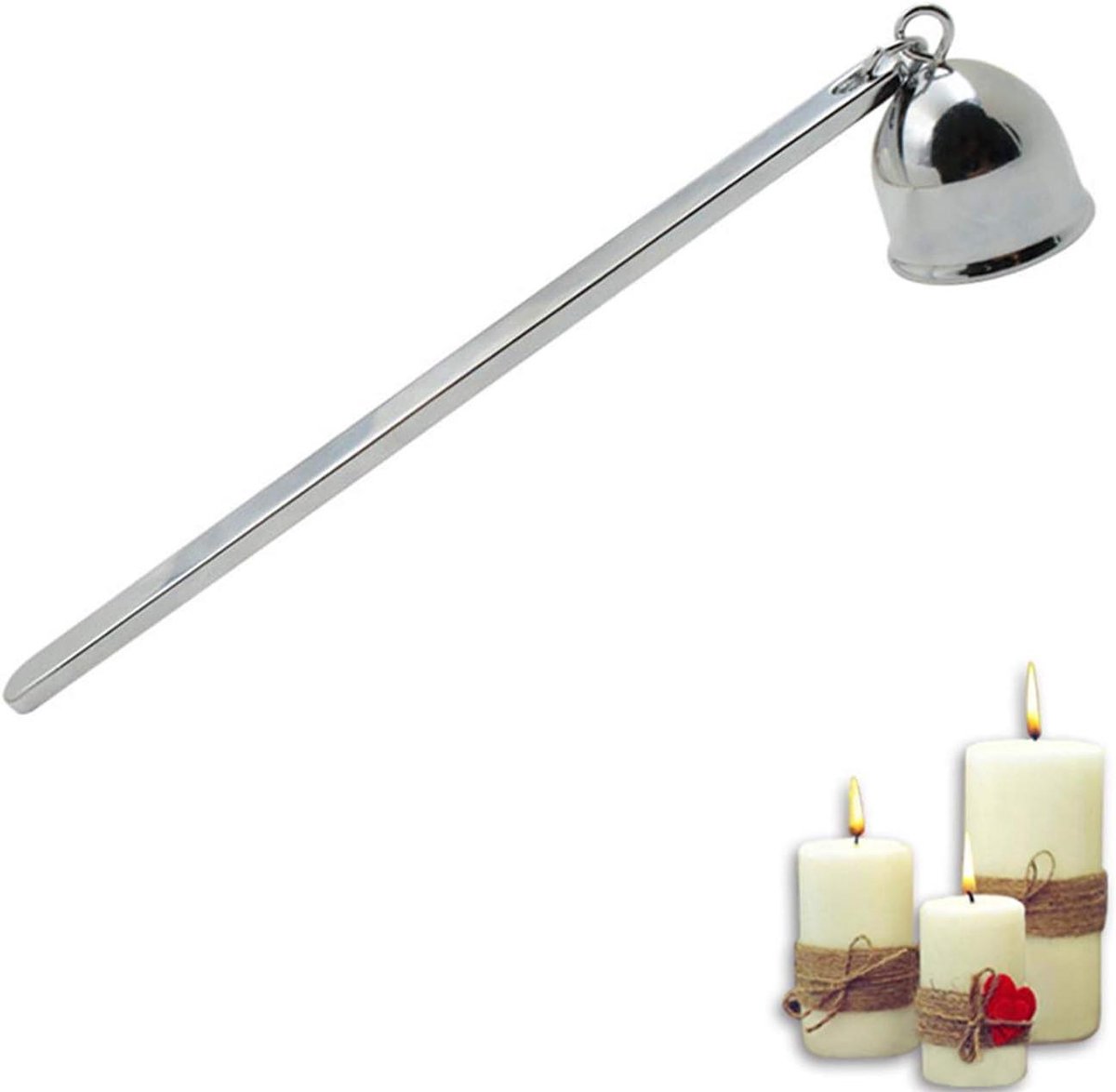   - Roestvrijstalen kaarsblusser met lang handvat voor veilig gebruik - Geschikt voor geurkaarsen, aromatherapie en glazen kaarsen - Effectief blussen van vlammen (Zilver)