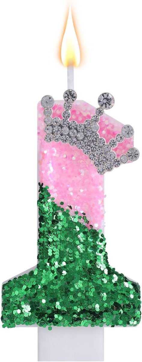 Brenzoos - Roze Cijfer Kaars Glinsterend Pailletten Groen - Taartversiering met Rhinestone Kroon Ontwerp - Verjaardagsfeest Decoratie - Jubileum Trouwfeest - ZoekwoordenRoze kaars, Verjaardag decoratie, Kroon ontwerp