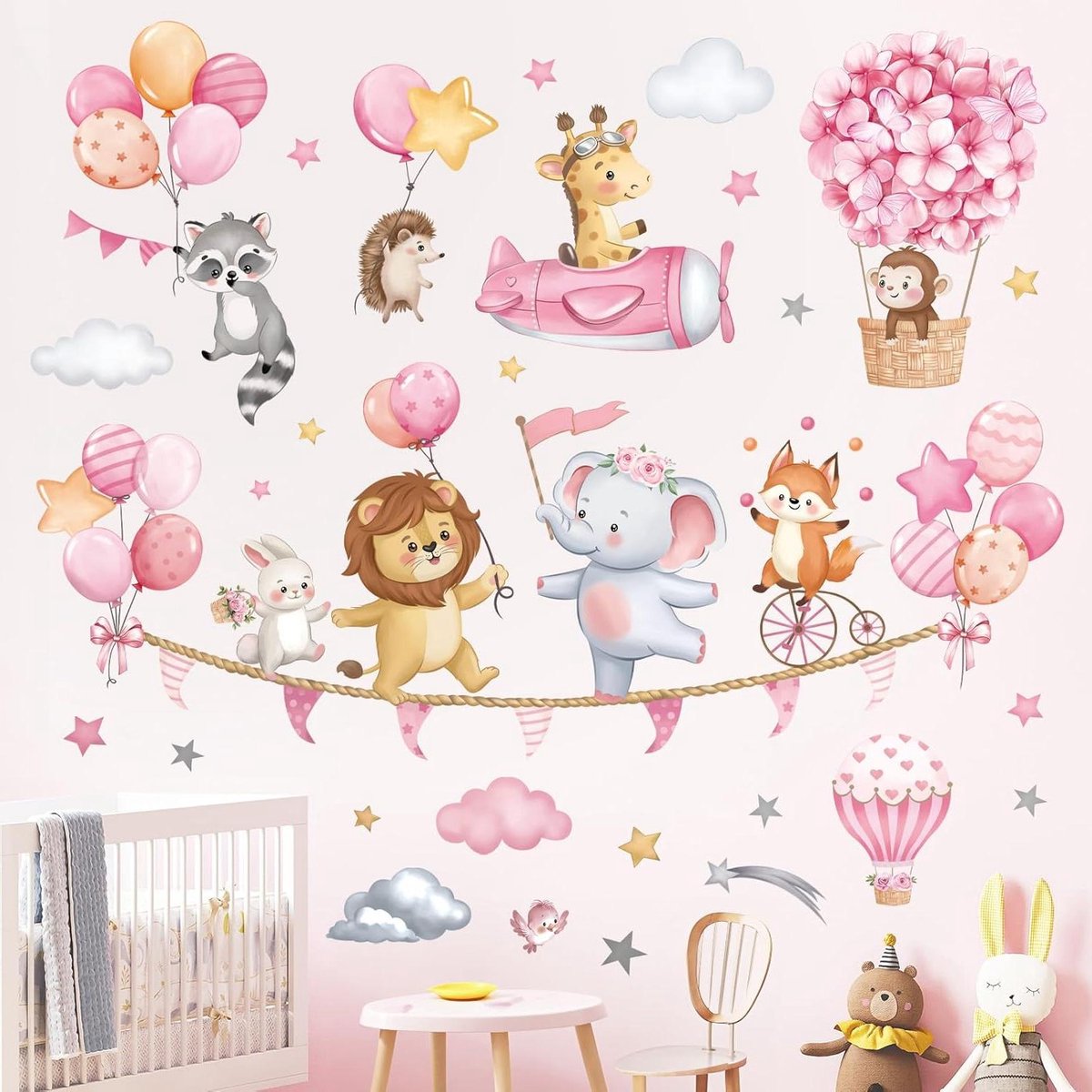  - Roze Dier Hete Lucht Ballon Muurstickers voor Kinderdagverblijf en Slaapkamer