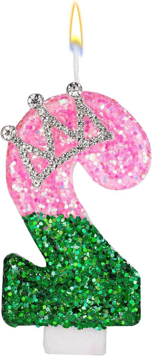 Brenzoos - Roze en Groene Paillettenkaars met Versiering van een Kroon - Voor Verjaardagsfeestjes, Bruiloften, Jubileums - Decoratieve Kaars - Nummer 2