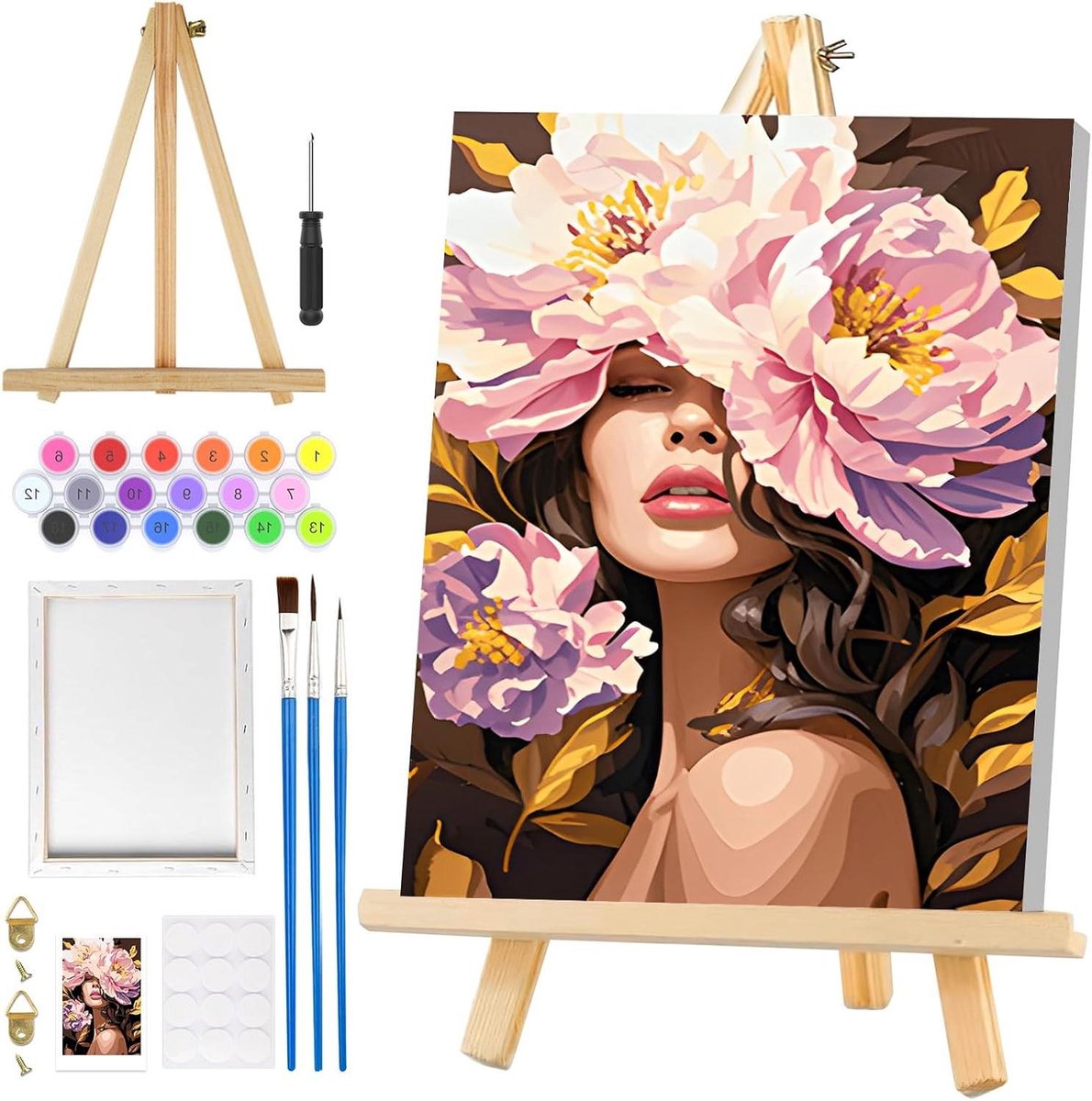 Brenzoos - Schilderen op nummer voor volwassenen - bloemen en dieren - incl. lijst en ezel