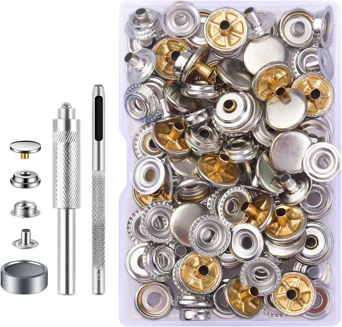 Brenzoos - Set van 32 metalen drukknopen, roestvrij staal, schroefbaar - voor kleding, leer, handwerk - inclusief moeren en bouten - 128 stuks.