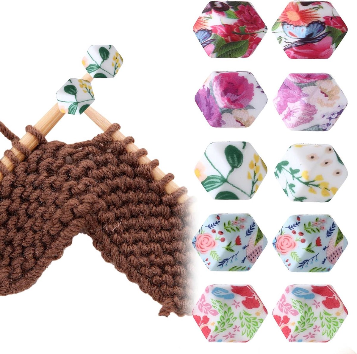 Brenzoos - Siliconen maasstoppers met bloemenpatroon voor breinaalden - 10 stuks - Zeshoekige breinaaldstopper - Breien accessoires - Naaldpuntbescherming - Breinaaldkappen (3mm+)