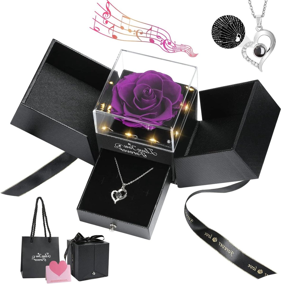 Brenzoos - Titel: Real Purple Rose Halsketting, Eeuwige Roes met Ik hou van jou in 100 talen Muziekdoos, Romantisch Cadeau voor Moeder, Oma, Vrouw, Vriendin - Uitdeelcadeaus