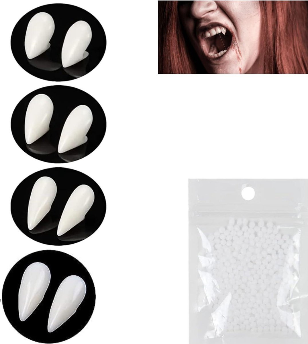 Brenzoos - Vampiertanden Set voor Cosplay, Halloween en Feestjes - 4 paar Namaaktanden met Vaste Lijm (13/15/17/19 mm)