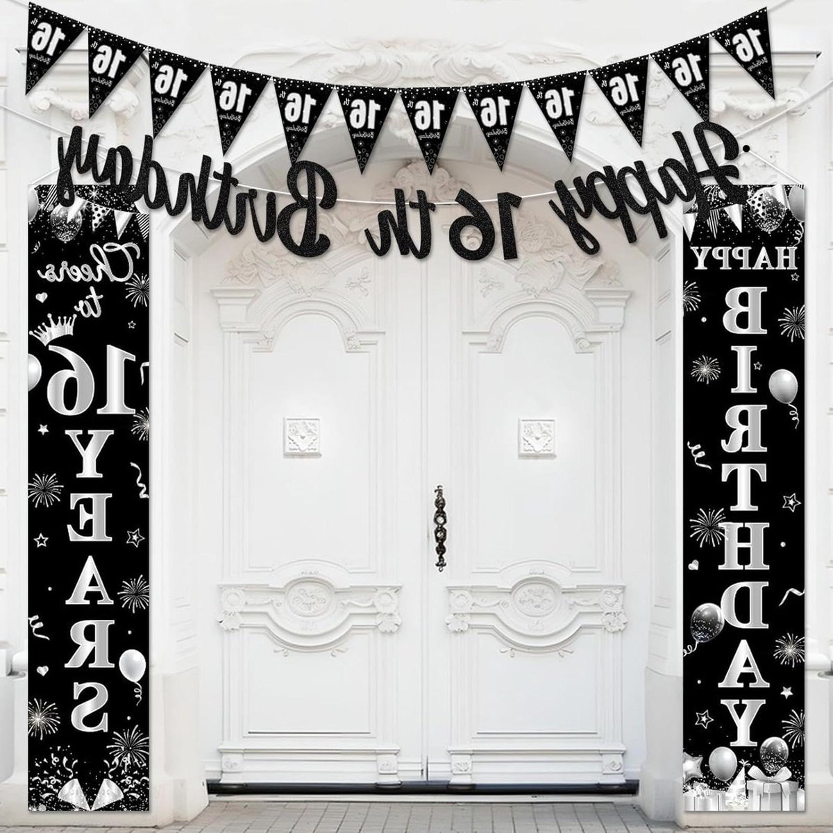 Brenzoos - Verjaardag Decoraties Zwart en Zilver - Proost op 16 Jaar - Deurbord - Gelukkige 16e Verjaardag Slinger - 16 Jaar Feestje - Jongen Meisje - Feestversiering