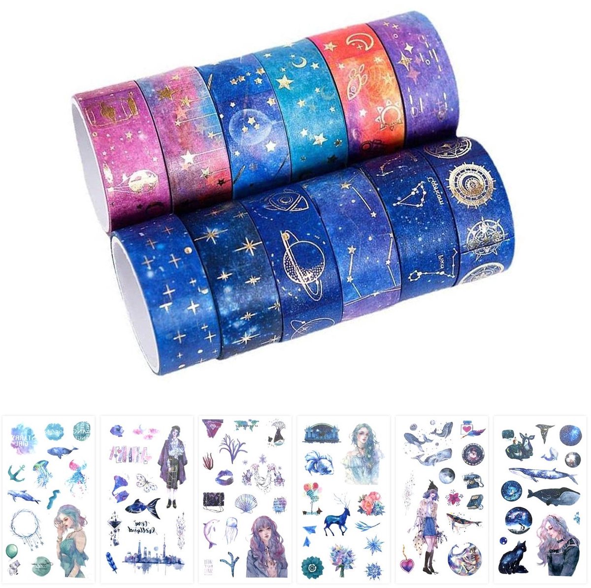 Brenzoos - Washi Tape Set Starry Sky Collection - 12 rollen washi tape met paarse stickers - DIY Bullet Journal Decoratie