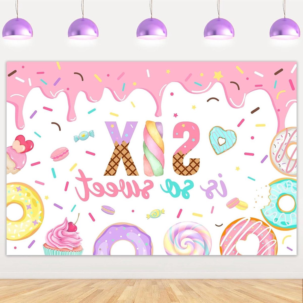 Brenzoos - Zoete Donut Achtergrond voor 6e Verjaardag Meisje - Feestdecoraties Snoep Thema - Banner voor 6 Jaar Oud Feestje