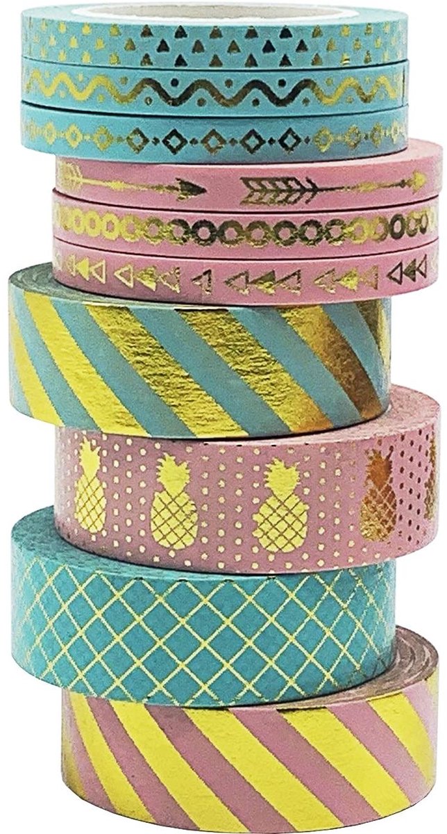 Brenzoos - design Washi tape set - 10 rollen kleurrijk en goud decoratief plakband voor DIY scrapbook decoratie