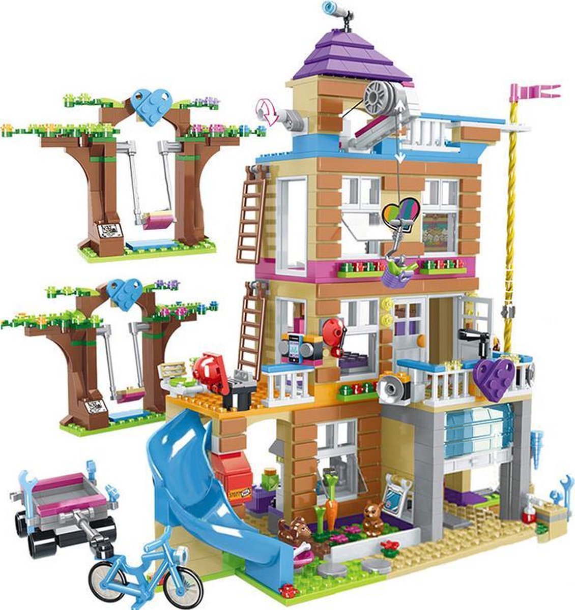 Brickzz Speelhuis - Girls - Meiden - Friends - Villa - Huis - Glijbaan - Fiets - Dieren - Schommel - Speelfiguren - Speeltuin - Geschikt voor LEGO Friends - Compatibel met LEGO - 868 Bouwstenen