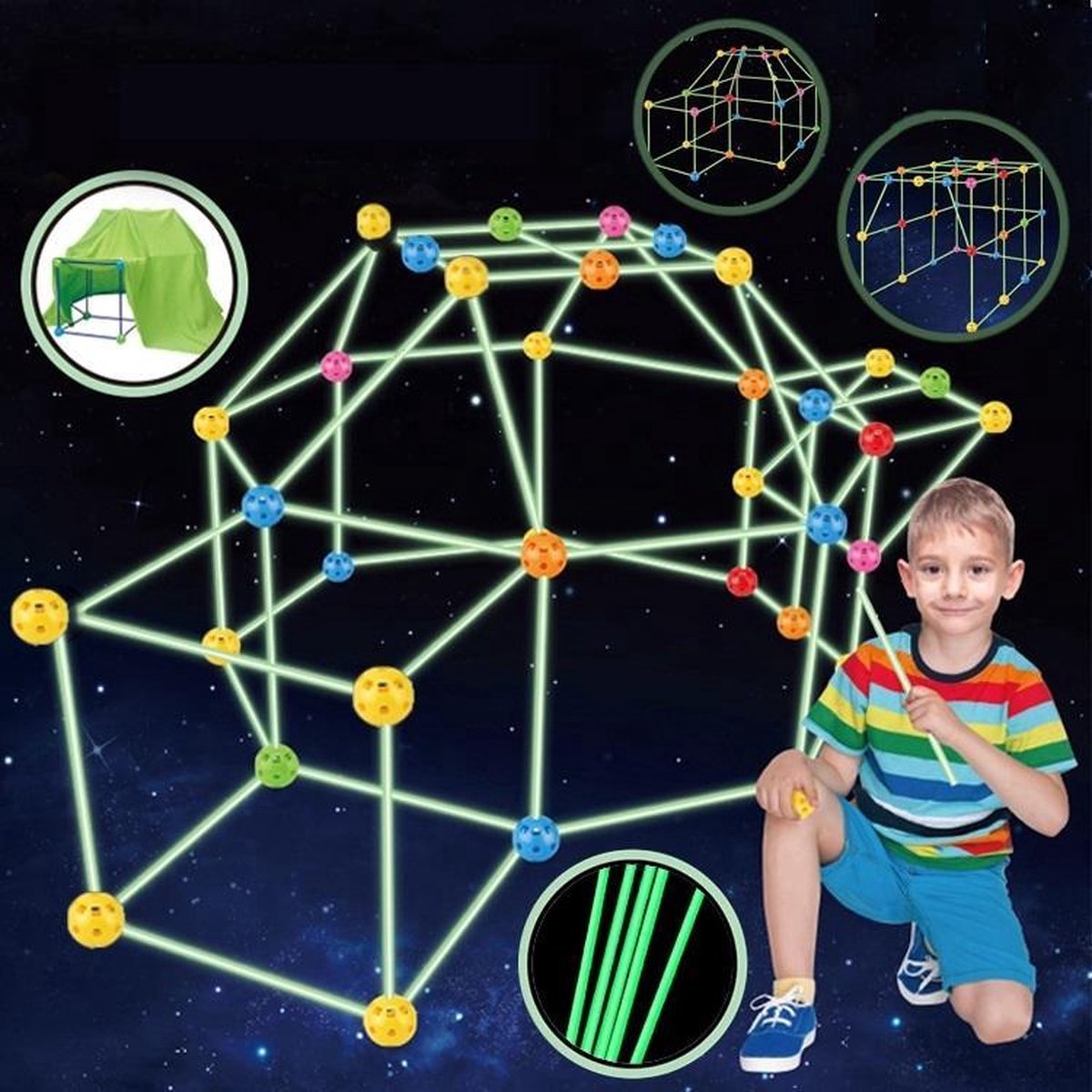 Speeltent glow In the dark - bouwpakket - cadeau - maak je eigen tent - bouwspeelgoed - bouwset - buitenspeelgoed - hutten bouwen - speelgoed tent - speelgoed fort - speelgoed bouwpakket - hut bouwen - bouw je eigen fort