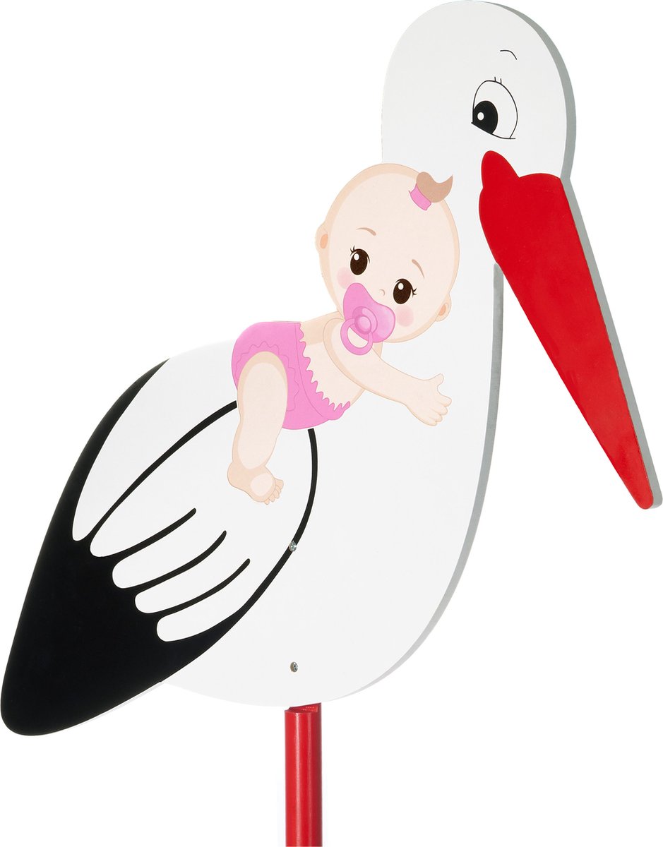 BRUBAKER Grote Ooievaar van Hout met Babyroze - Rammelende Ooievaar om Te Plakken voor Binnen en Buiten - Geboortegeschenk van een Houten Ooievaar voor Meisjes - Geboortegeschenk van 100 cm Groot