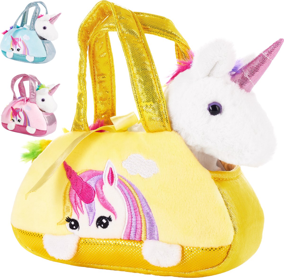 BRUBAKER Regenboog Pluche Eenhoorn in Handtas - 20 cm - Knuffel in Tas - Geel