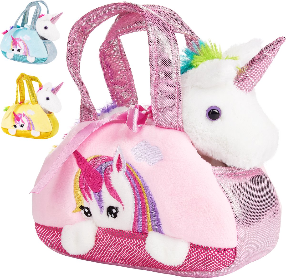 BRUBAKER Regenboog Pluche Eenhoorn in Handtas - 20 cm - Knuffel in Tas - Roze