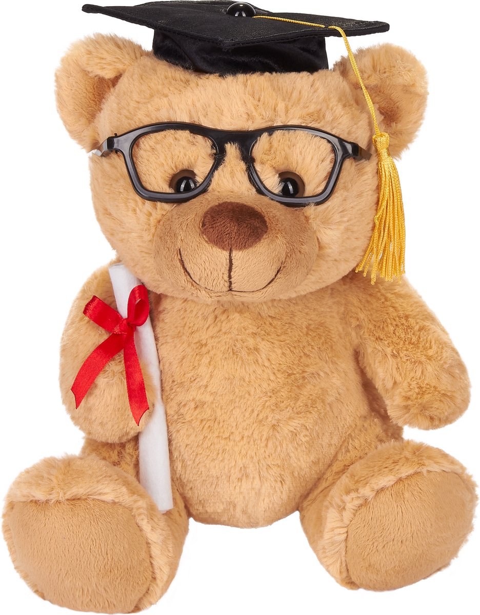 BRUBAKER Teddy Pluche Beer met Bril, Diploma en Doctoraatsmuts - Knuffel voor Afstuderen, Middelbare School of Universiteit - 25 cm - Lichtbruin