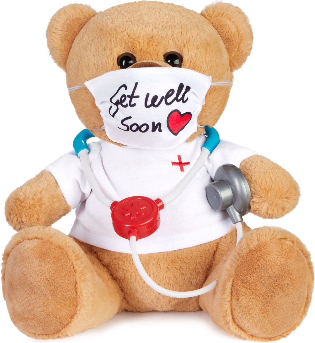 BRUBAKER Teddybeer met Masker en Stethoscoop - Get Well Soon Engels - 35 cm - Teddybeer met Doktershemd Wit - Pluche Knuffel - Bruin Lichtbruin