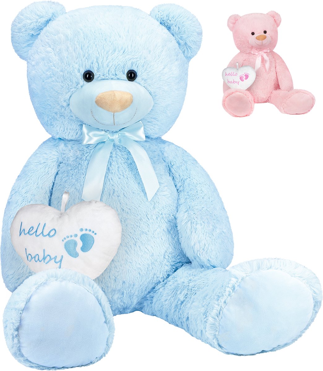 BRUBAKER XXL teddybeer 100 cm met Hello Baby Hart - Babyshower cadeau voor pasgeborenen jongens - knuffeldier knuffeldier pluche dier - blauw lichtblauw