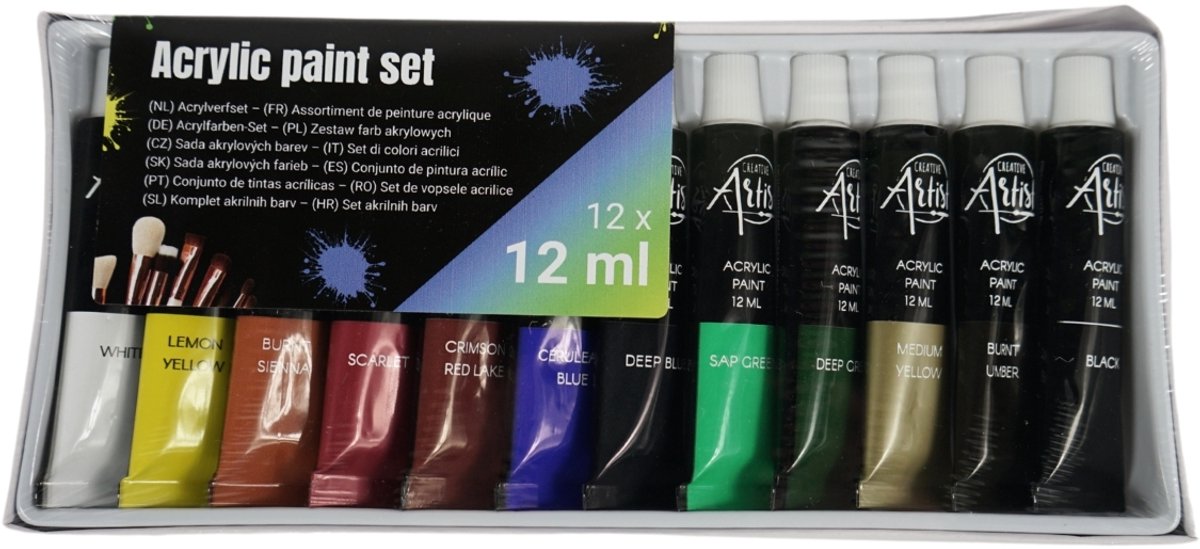 Acrylverf schildersverf tube 12 ml set van 12 stuks, doos 12 sets