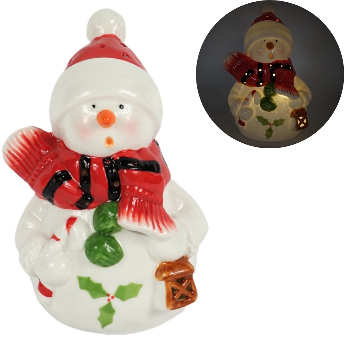 Villa Pottery kerstfiguur sneeuwpop porselein met LED licht op batterij 15,2 cm, doos 3 stuks
