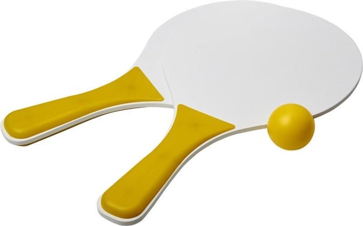 Geel/witte beachball set buitenspeelgoed - Houten beachballset - Rackets/batjes en bal - Tennis ballenspel