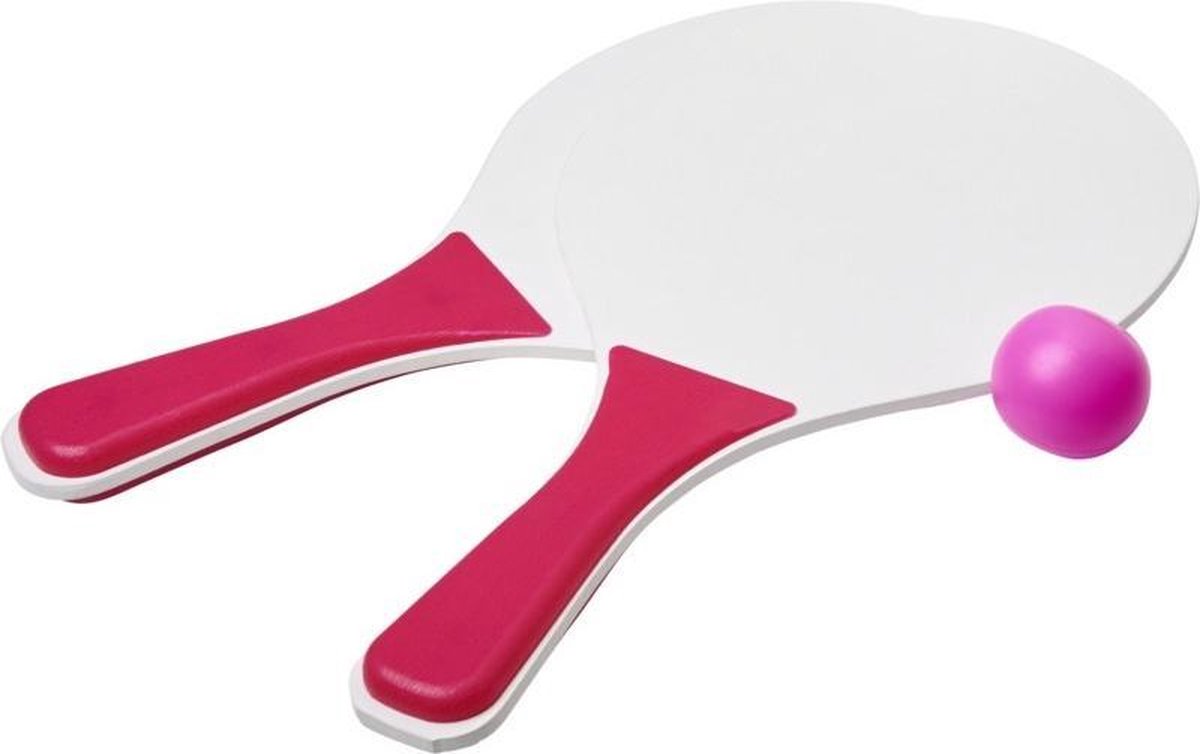 Roze/witte beachball set buitenspeelgoed - Houten beachballset - Rackets/batjes en bal - Tennis ballenspel