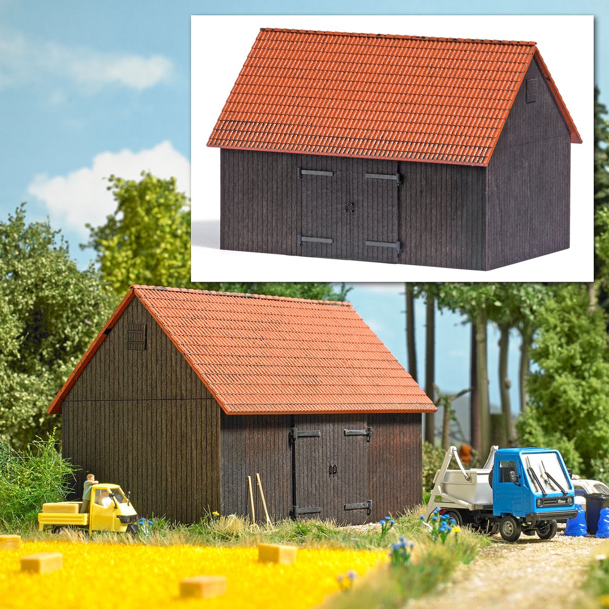 Busch - SCHEUNE MIT ZIEGELDACH UND DOPPEL-FLUGELTOR H0 (4/23) * - modelbouwsets, hobbybouwspeelgoed voor kinderen, modelverf en accessoires