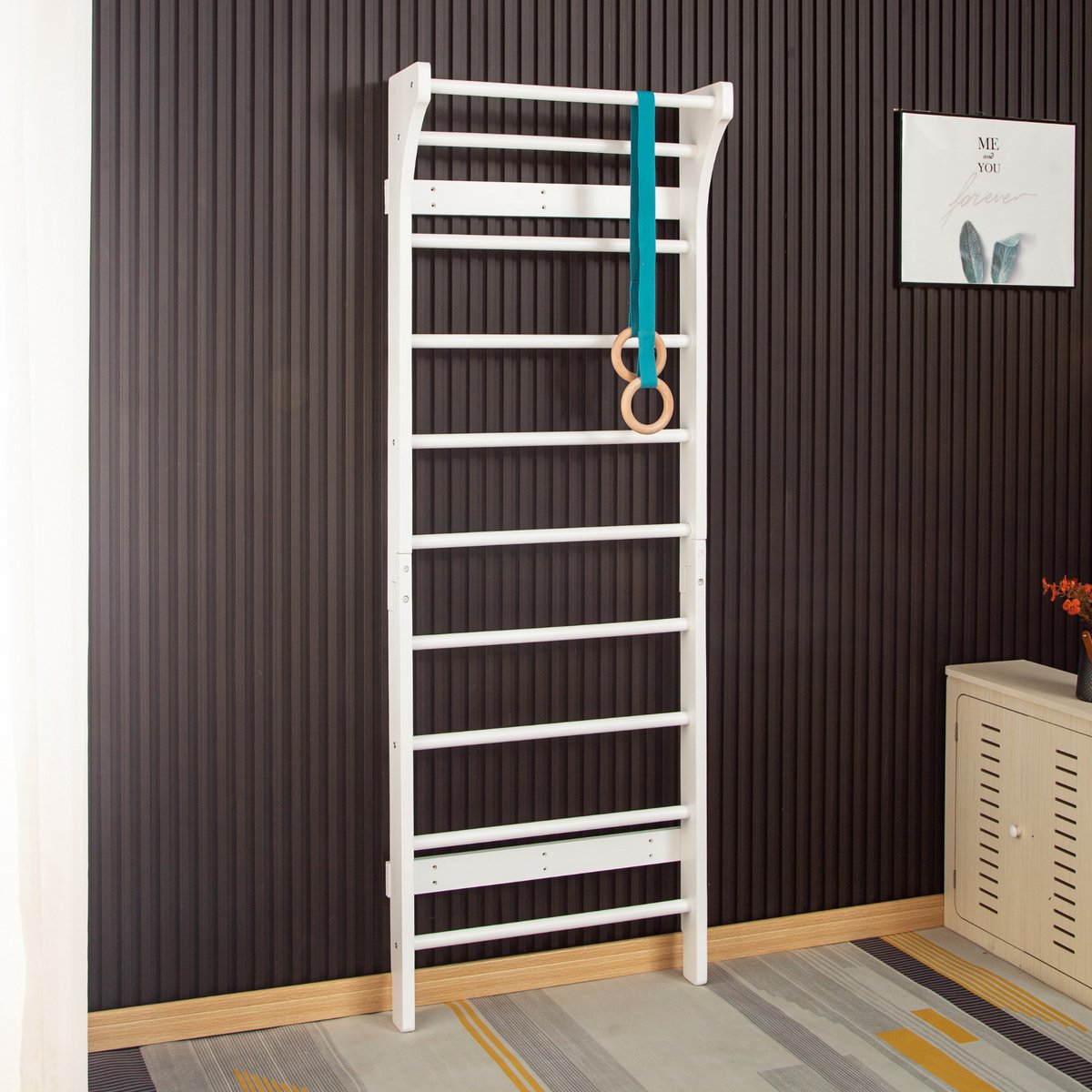   Klimwand van Hout – Wandklimrek voor Binnen – Gym Speeltoestel voor Kinderen – 190x68x8 cm – Wit
