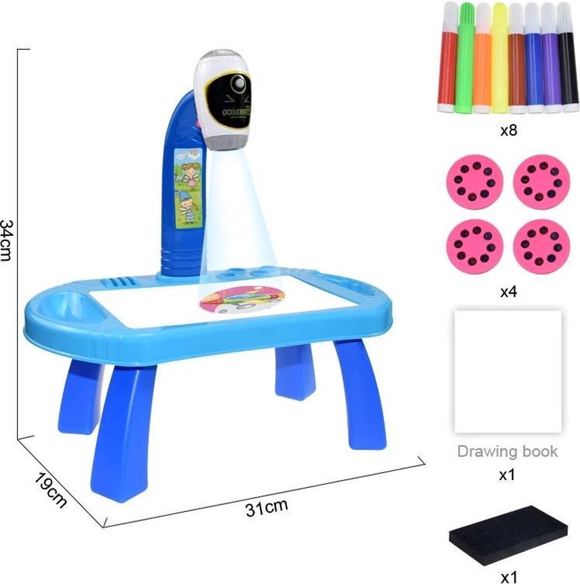   Tekentafel Kinderen –   met Projector – Kinderspeelgoed - 8 Kleuren Stiften - Tekentafel - Leren Tekenen - Blauw