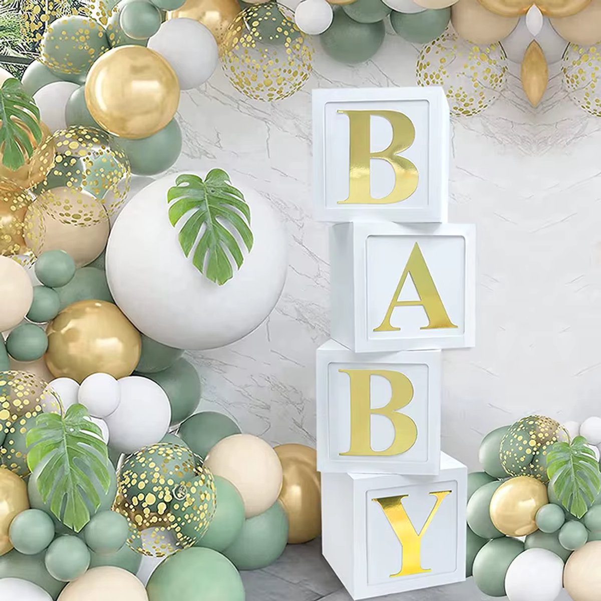 Set 4 BABY boxen - Babyshower & Gender reveal - decoratie - Witte kubusdozen met glanzende gouden letters - doos 30 x 30 cm