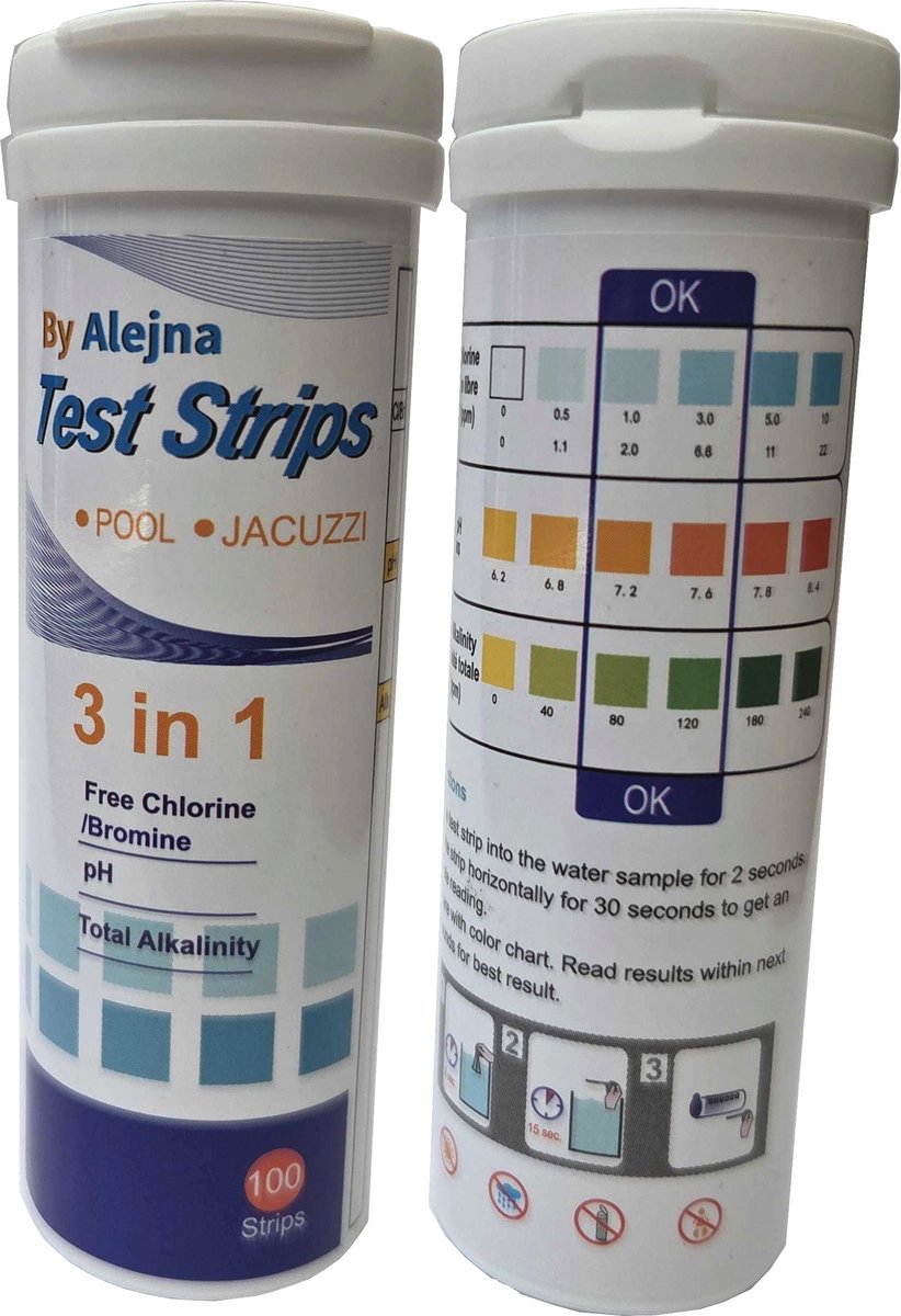 Zwembad en Jacuzzi test strips 3 in 1 - 100 pc - PH waarde en chloor - Pool - Chloor - Waarde - By Alejna - High quality - Watertester