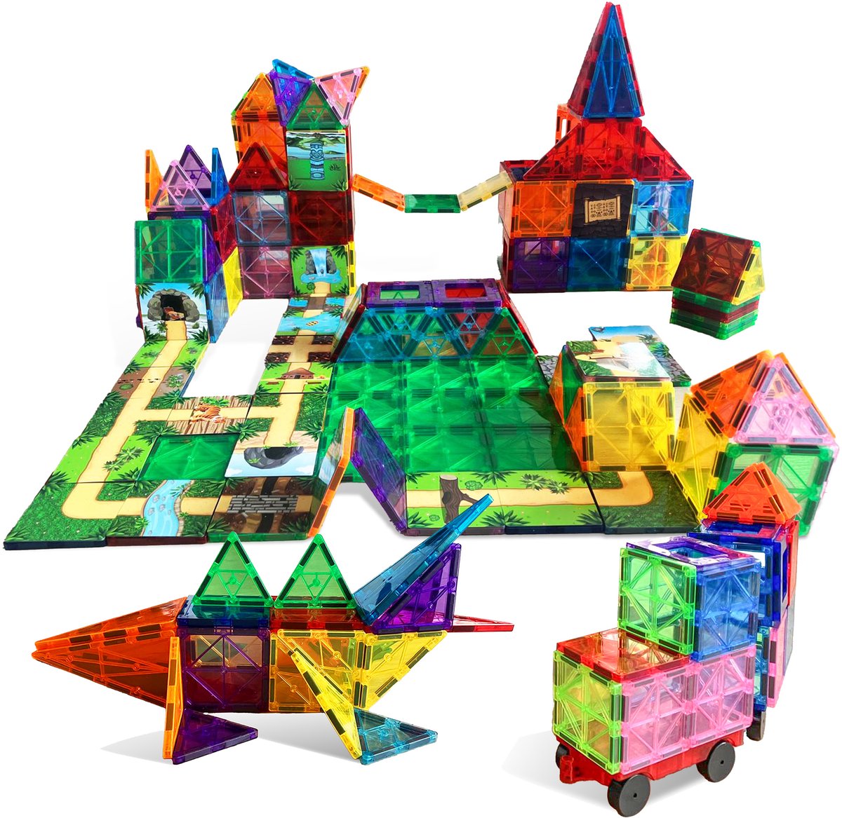 Magnetic Tiles - 200 Stuks - Jungle Eiland XL - Magnetisch Speelgoed - Tegels & Toppers - Magna Creatief Cadeau Jongens Meisjes - Educatief Mind Montessori Kinderspeelgoed 3 Jaar, 4 jaar, 5 jaar, 6 jaar, 7 jaar, 8 jaar - Sinterklaas Cadeautjes