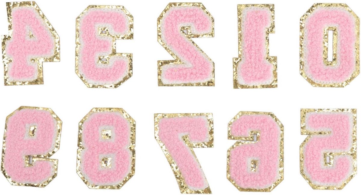 ByShane - 10 stuks Nummer Patches in Roze - Set van 0 tot 9 - Gemakkelijk Strijkbare IJzer-op Patches - Chenille Brief Patches voor Kleding - Jas, Overhemd, Schoenen