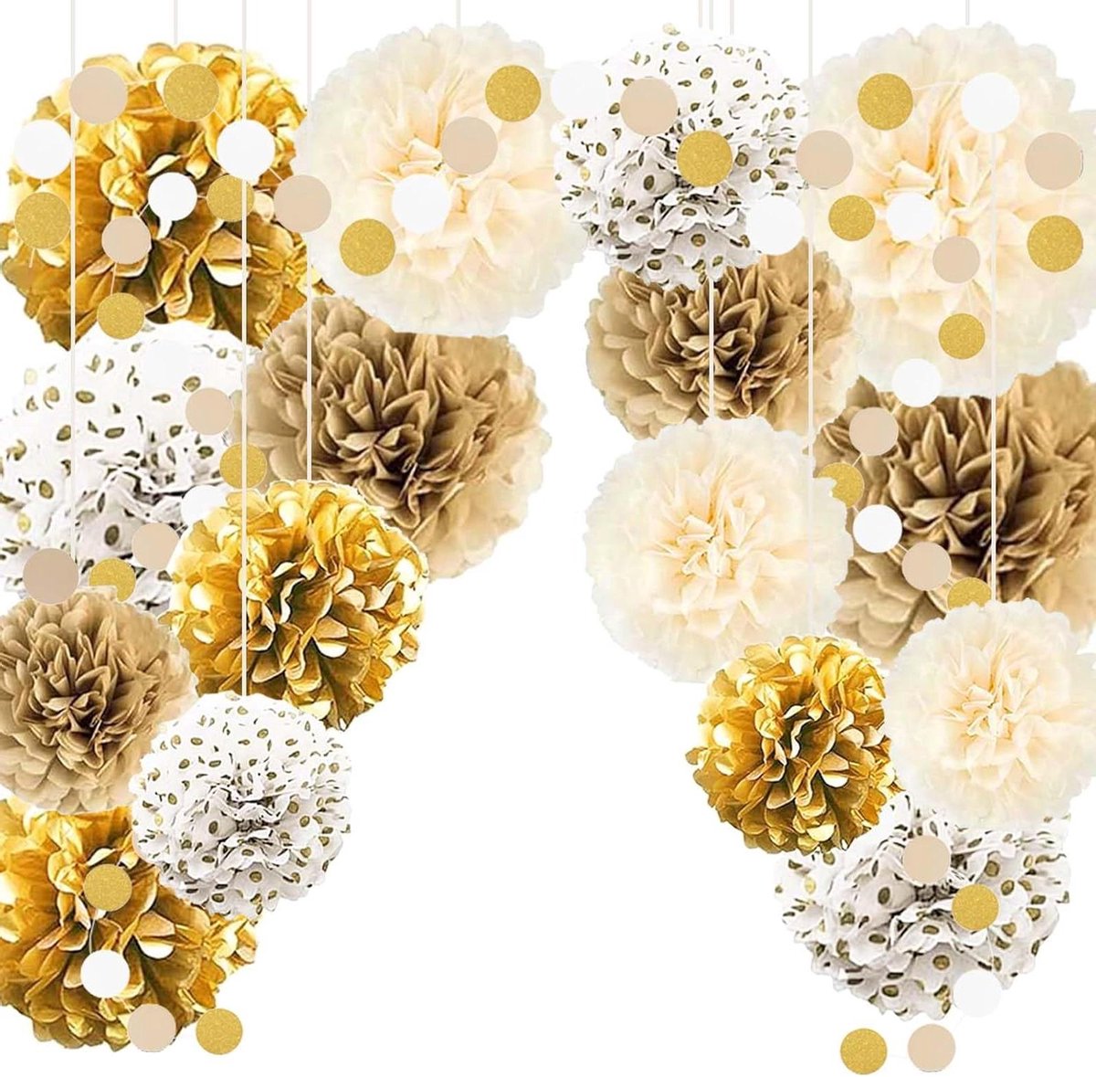 ByShane - 18-delige Boheemse Decoratieve Buiten Tissue Papieren Pompoms - Beige Lente Deco - Wit Goud Communie - Feesttafel Slingers