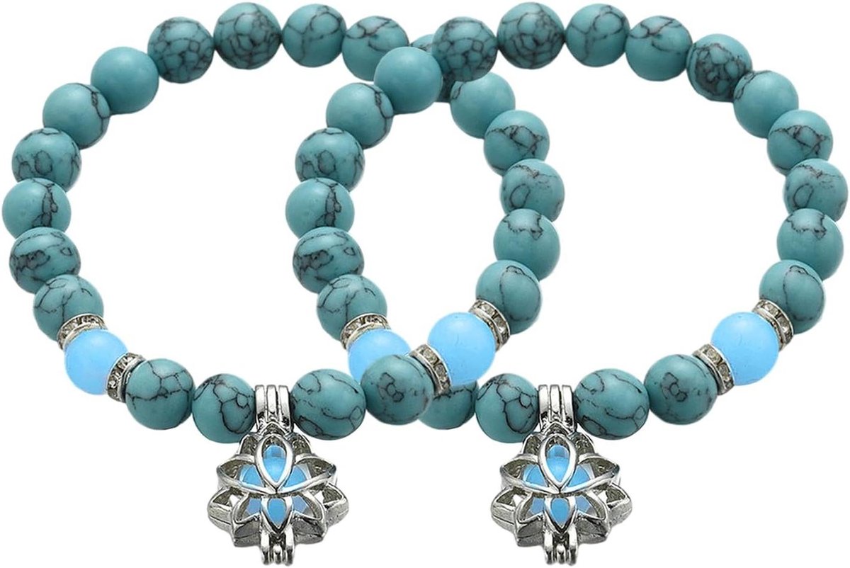 ByShane - Angst en stressverminderende armbanden - 2 stuks - Elastische lotusarmband met kristallen kralen - Turquoise - Handsieraden - Lichtgevend - 55 mm - Kristal Hars Kunststof