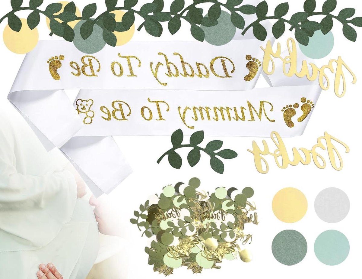 ByShane - Babyshower decoratie set met 100 neutrale confetti, Mummy to Be en Daddy to Be sjerp voor babyshower en verjaardagsfeest - Feestartikelen