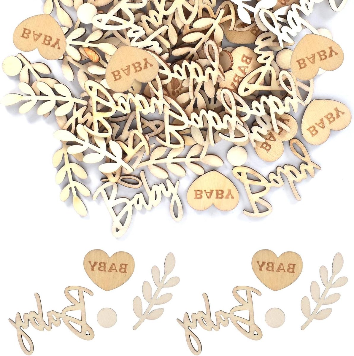 ByShane -   set voor babyshower en genderreveal - 70 stuks tafeldecoratie voor doopfeest en kinderfeestjes met houten confetti