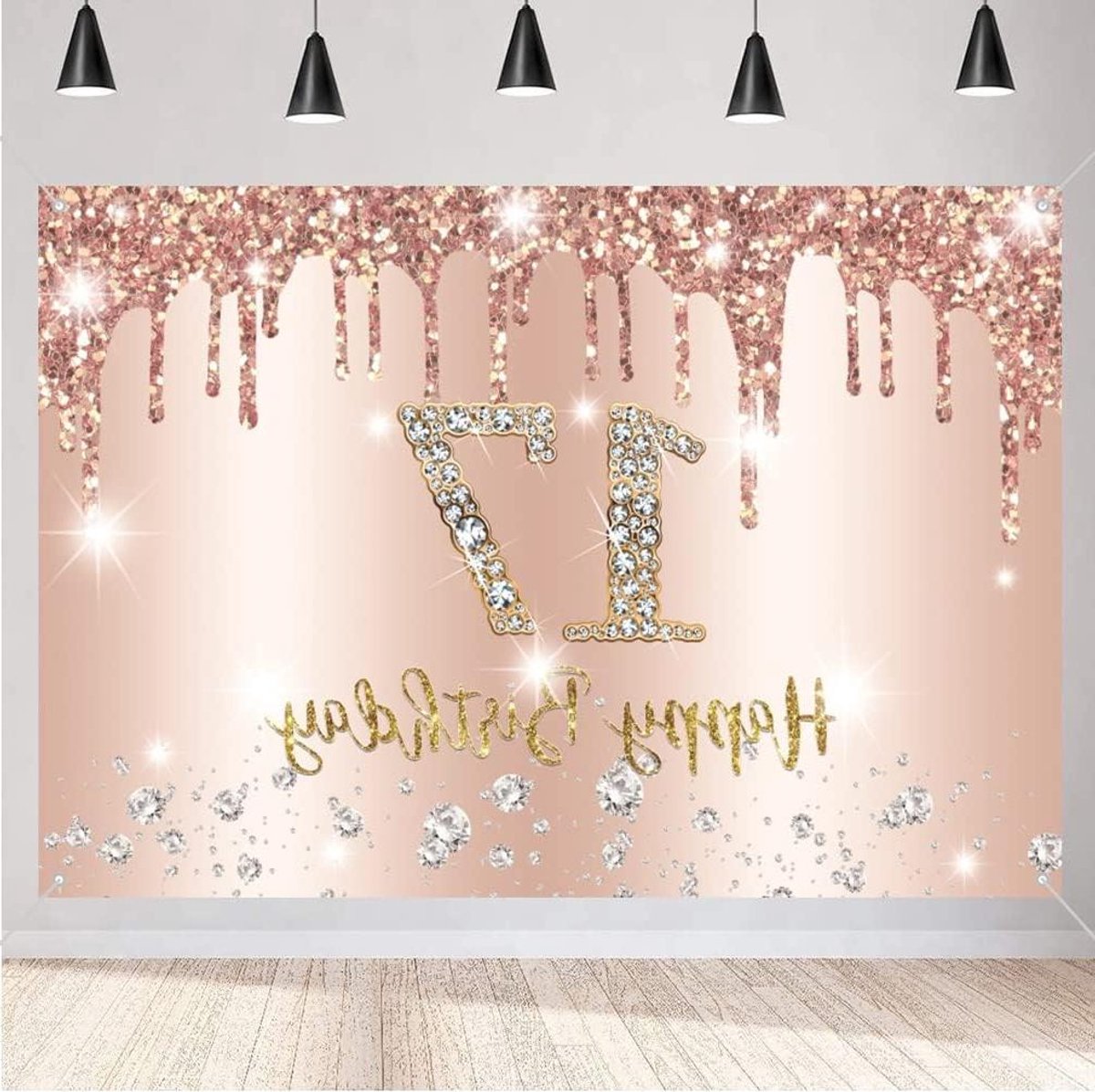 ByShane - Decoratie voor 17e verjaardag meisje - roségouden banner en stoffen bord - feestelijke poster voor verjaardagsfeest - achtergrondbanner