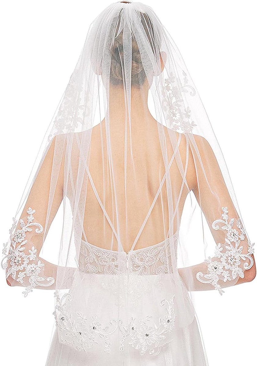 ByShane - Ellebooglengte bruidssluier met strass en bloemenborduursel in het wit