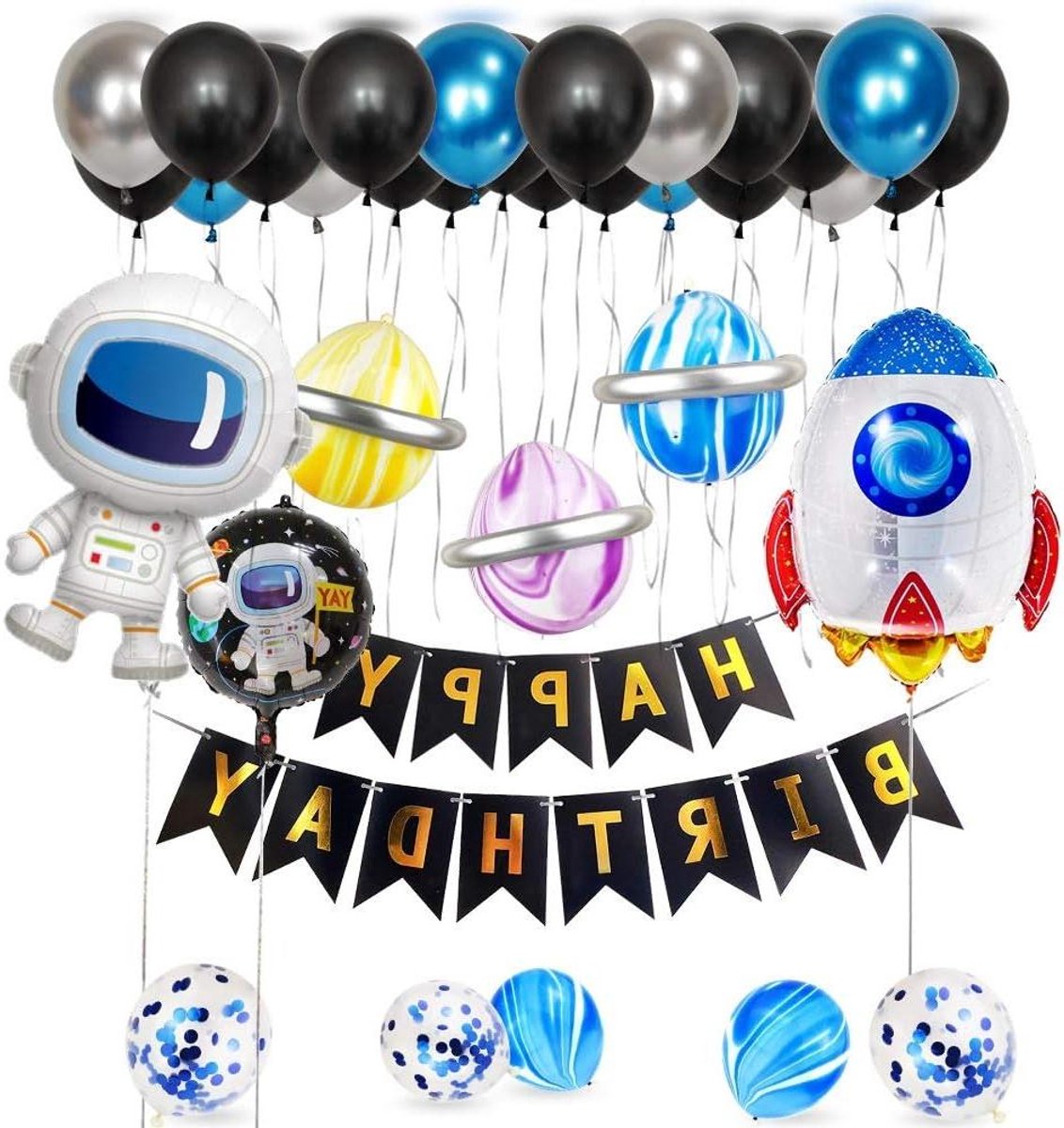 ByShane - Feestdecoraties voor Kinderen in Ruimtethema met Astronaut Spaceman Raketfolieballon en Unieke Happy Birthday Banner - Leuke Astronautenpatroon Latexballonnen voor Jongens - Set van 36 Stuks