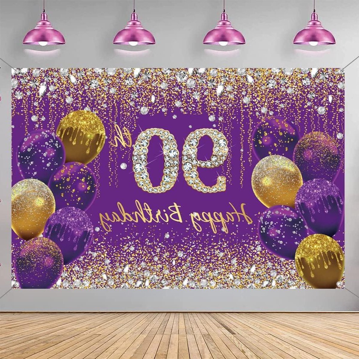 ByShane - Feestelijke 90e verjaardag decoratie in paars met glitter vlekken - Stoffen bord poster - Achtergrond banner voor vrouw - Verjaardagsfeest decoratie - 90 jaar