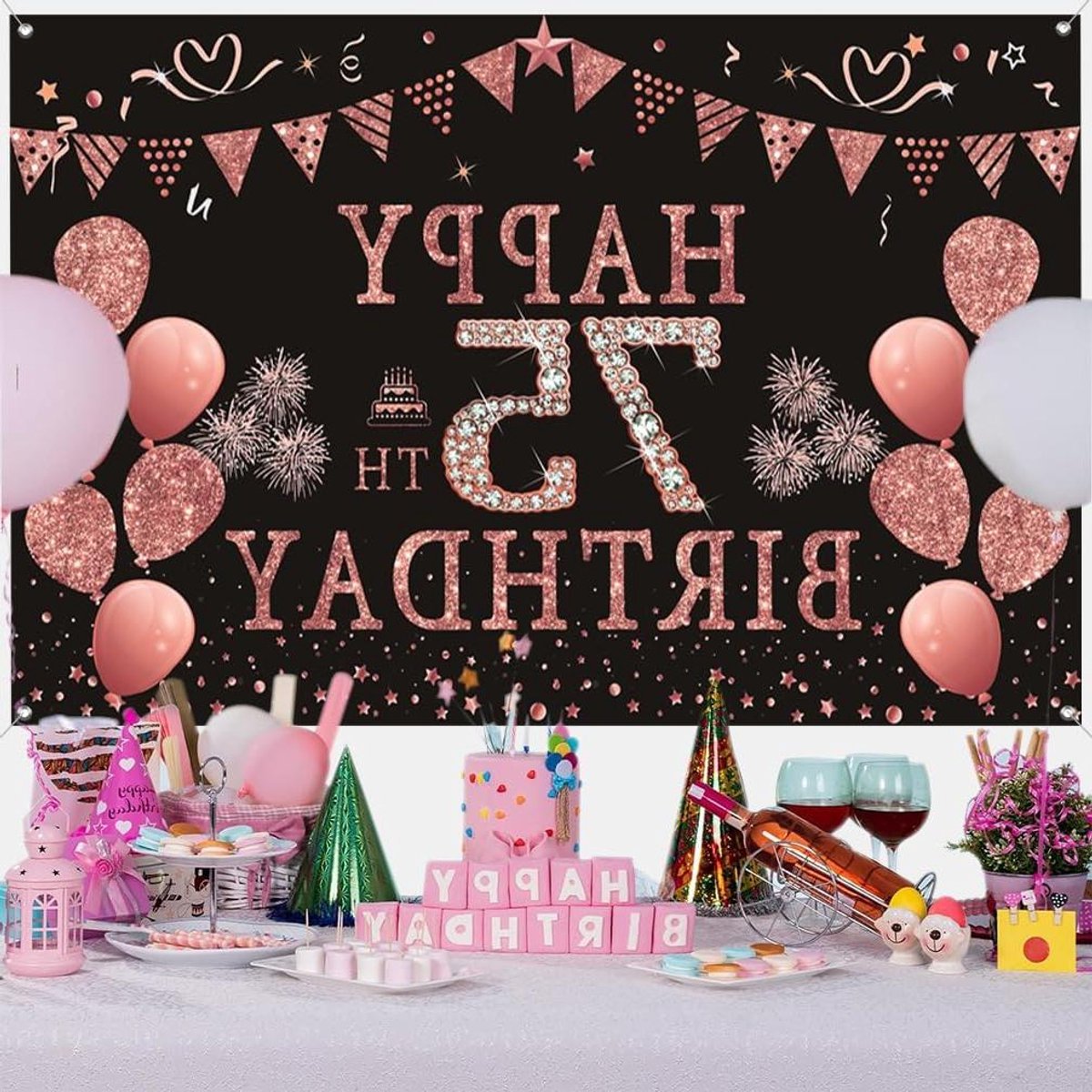 ByShane - Feestelijke decoratie voor 75e verjaardag van vrouwen - Roze glitter - Party decoratie