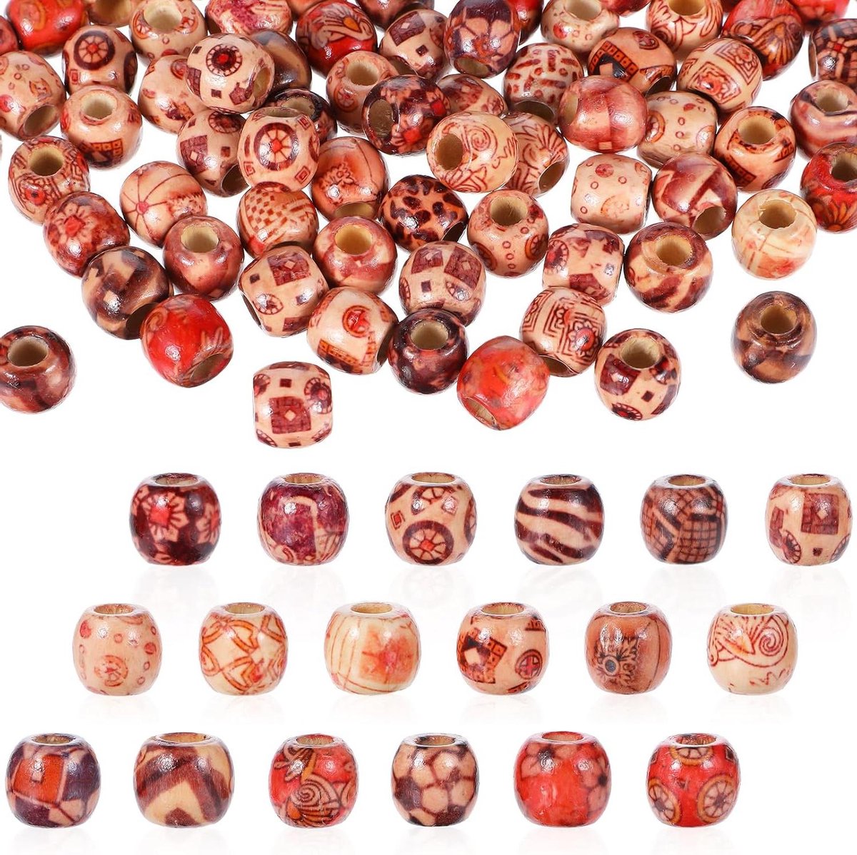 ByShane - Houten kralen 200 stuks met groot gat, natuurlijke kleur, verschillende patronen - DIY halskettingen en armbanden - Haarvlechtkralen.